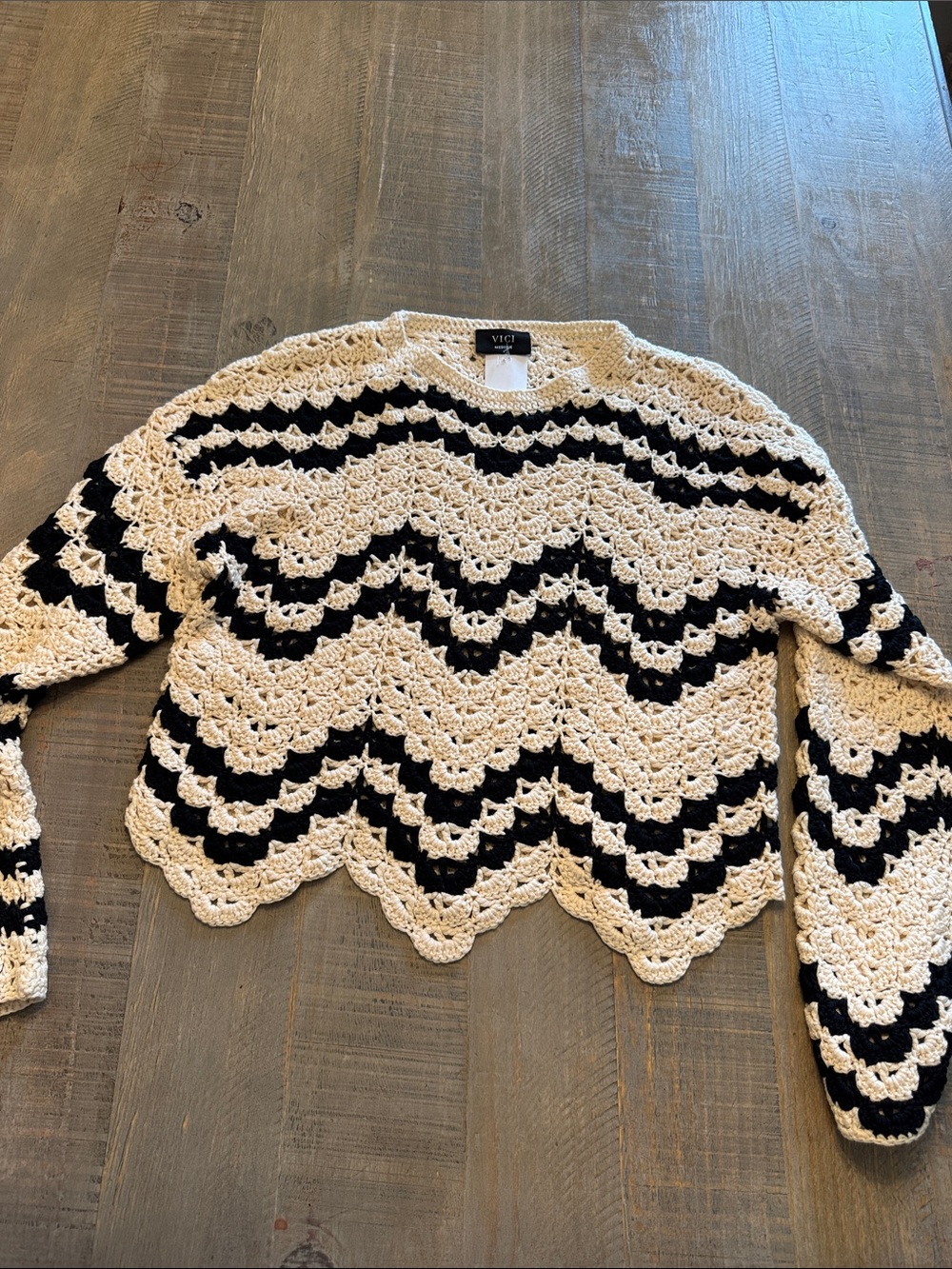 Vici Cream & Black Crochet Wave Pullover